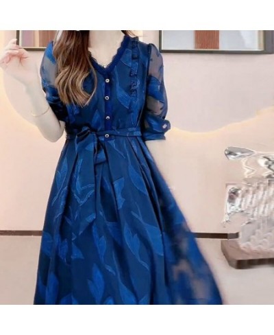 Elegant Fashion V Neck Lace Bandage Sexy Sheer Mesh Embroidery Party Dresses for Women Chic Ruffle Blue Slim Midi Dress $43.0...