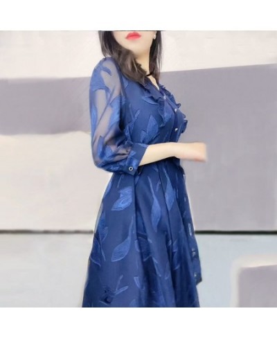 Elegant Fashion V Neck Lace Bandage Sexy Sheer Mesh Embroidery Party Dresses for Women Chic Ruffle Blue Slim Midi Dress $43.0...