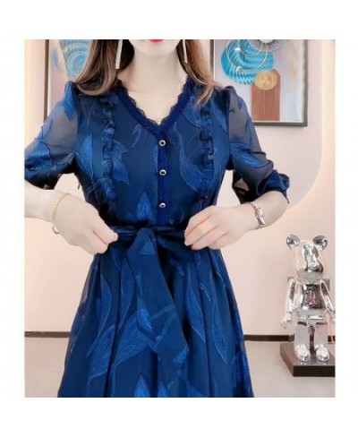 Elegant Fashion V Neck Lace Bandage Sexy Sheer Mesh Embroidery Party Dresses for Women Chic Ruffle Blue Slim Midi Dress $43.0...