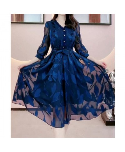 Elegant Fashion V Neck Lace Bandage Sexy Sheer Mesh Embroidery Party Dresses for Women Chic Ruffle Blue Slim Midi Dress $43.0...