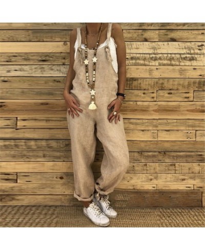 Casual Women Solid Jumpsuits Strappy Dungarees Vintage Cotton Linen Loose Harem Bib Overalls Wide Leg Pant Lace Up Long Rompe...