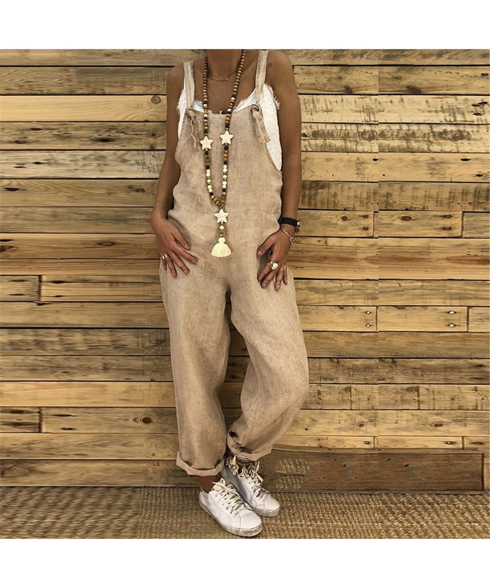 Casual Women Solid Jumpsuits Strappy Dungarees Vintage Cotton Linen Loose Harem Bib Overalls Wide Leg Pant Lace Up Long Rompe...