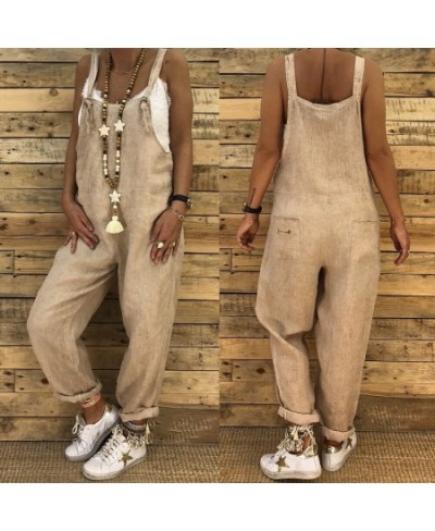 Casual Women Solid Jumpsuits Strappy Dungarees Vintage Cotton Linen Loose Harem Bib Overalls Wide Leg Pant Lace Up Long Rompe...