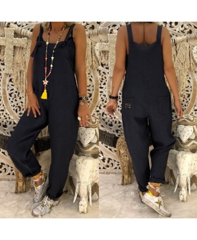 Casual Women Solid Jumpsuits Strappy Dungarees Vintage Cotton Linen Loose Harem Bib Overalls Wide Leg Pant Lace Up Long Rompe...