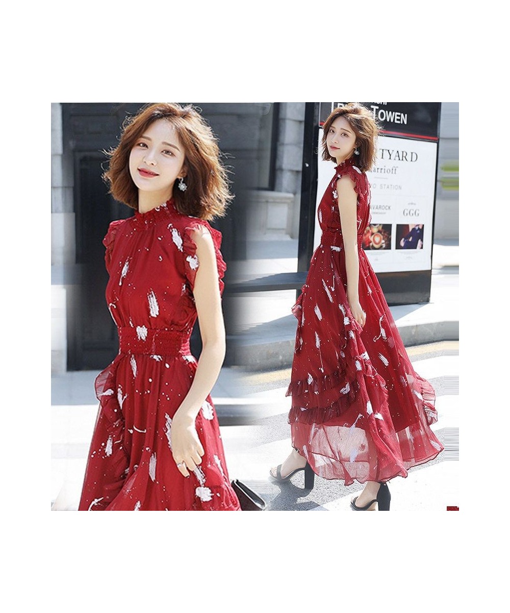 Elegant Women Round Neck Long Dress 2023 Summer Fashion Print Sleeveless Party Dress Slim Waist French Vintage Flowy Beach $4...