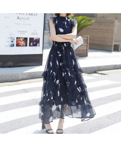 Elegant Women Round Neck Long Dress 2023 Summer Fashion Print Sleeveless Party Dress Slim Waist French Vintage Flowy Beach $4...