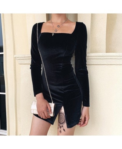 Women Fashion Square Neck Mini Bodycon Dress Long Sleeve Solid Color Split Dress $29.40 - Dresses