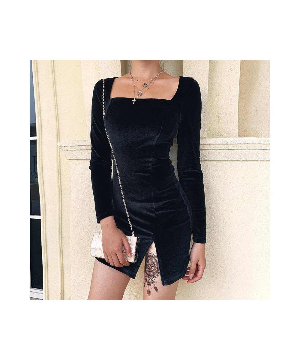 Women Fashion Square Neck Mini Bodycon Dress Long Sleeve Solid Color Split Dress $29.40 - Dresses