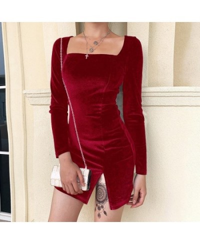 Women Fashion Square Neck Mini Bodycon Dress Long Sleeve Solid Color Split Dress $29.40 - Dresses