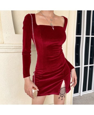 Women Fashion Square Neck Mini Bodycon Dress Long Sleeve Solid Color Split Dress $29.40 - Dresses