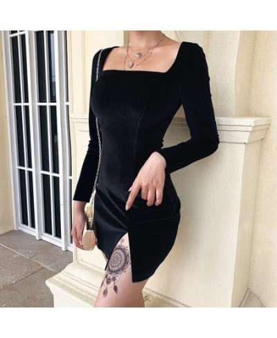 Women Fashion Square Neck Mini Bodycon Dress Long Sleeve Solid Color Split Dress $29.40 - Dresses