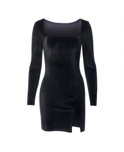 Women Fashion Square Neck Mini Bodycon Dress Long Sleeve Solid Color Split Dress $29.40 - Dresses