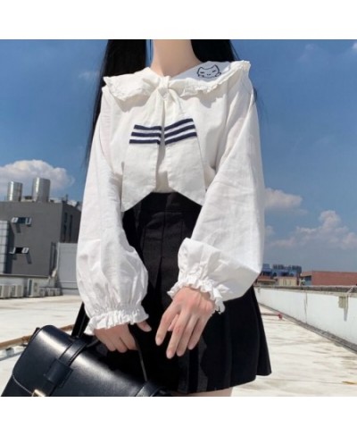 Kawaii Lace Lolita Women Shirts Fashion Autumn Japanese Style JK Uniform Blouse Sailor Collar Cartoon Embroidery Long Sleeve ...