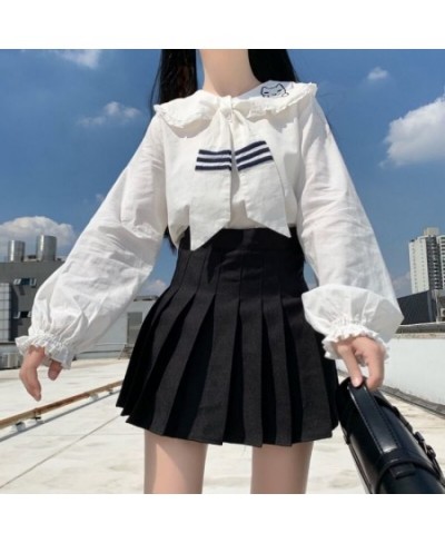 Kawaii Lace Lolita Women Shirts Fashion Autumn Japanese Style JK Uniform Blouse Sailor Collar Cartoon Embroidery Long Sleeve ...