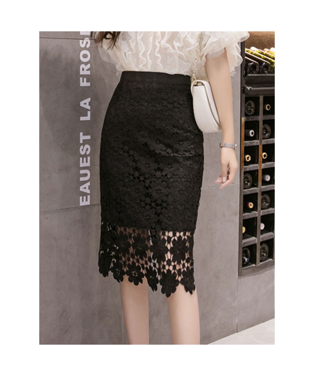 Women's Skirts 2023 Spring Summer Aummer New High Waist Hollow Out Lace Skirts Fashion Back Split Wrap -Hips Midi Black Skirt...