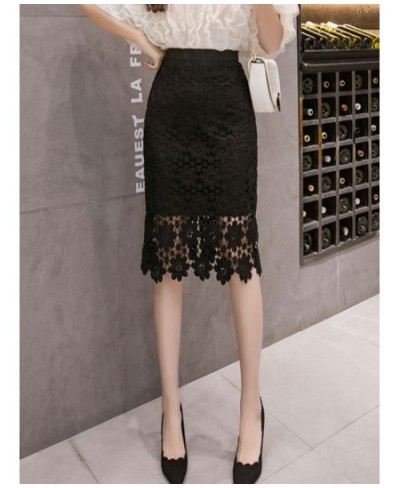 Women's Skirts 2023 Spring Summer Aummer New High Waist Hollow Out Lace Skirts Fashion Back Split Wrap -Hips Midi Black Skirt...