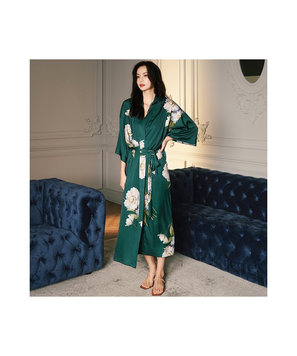 Spring Summer Long Robe Nightgown Sexy Green Print Flower Kimono Bathrobe Gown Women Sleewpear Casual Satin Home Dressing Gow...