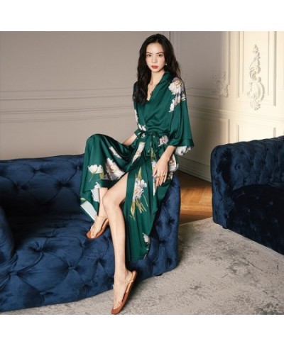 Spring Summer Long Robe Nightgown Sexy Green Print Flower Kimono Bathrobe Gown Women Sleewpear Casual Satin Home Dressing Gow...