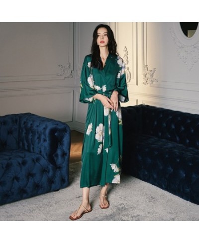 Spring Summer Long Robe Nightgown Sexy Green Print Flower Kimono Bathrobe Gown Women Sleewpear Casual Satin Home Dressing Gow...