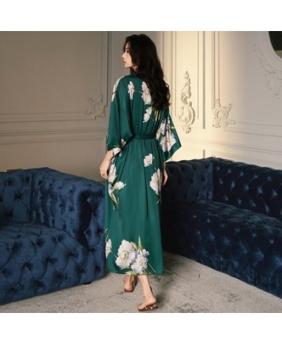 Spring Summer Long Robe Nightgown Sexy Green Print Flower Kimono Bathrobe Gown Women Sleewpear Casual Satin Home Dressing Gow...