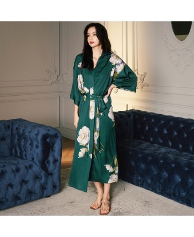 Spring Summer Long Robe Nightgown Sexy Green Print Flower Kimono Bathrobe Gown Women Sleewpear Casual Satin Home Dressing Gow...