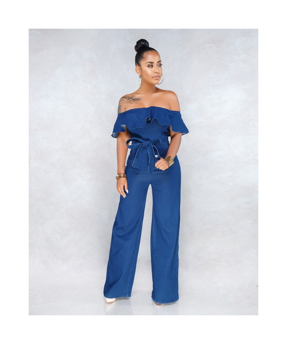 Sexy Women Slash Neck Off Shoulder Elegant Casual Denim Jumpsuit Wide Leg Jean Straight Jumpsuit Overalls $51.97 - Jumpsuits