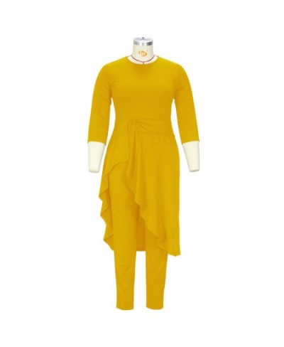 Simplicity Yellow Women Plus Size Dress Pants Suit Spring Autumn Fashion Round Neck Hem Patchwork Ruffles Irregular Half Slee...