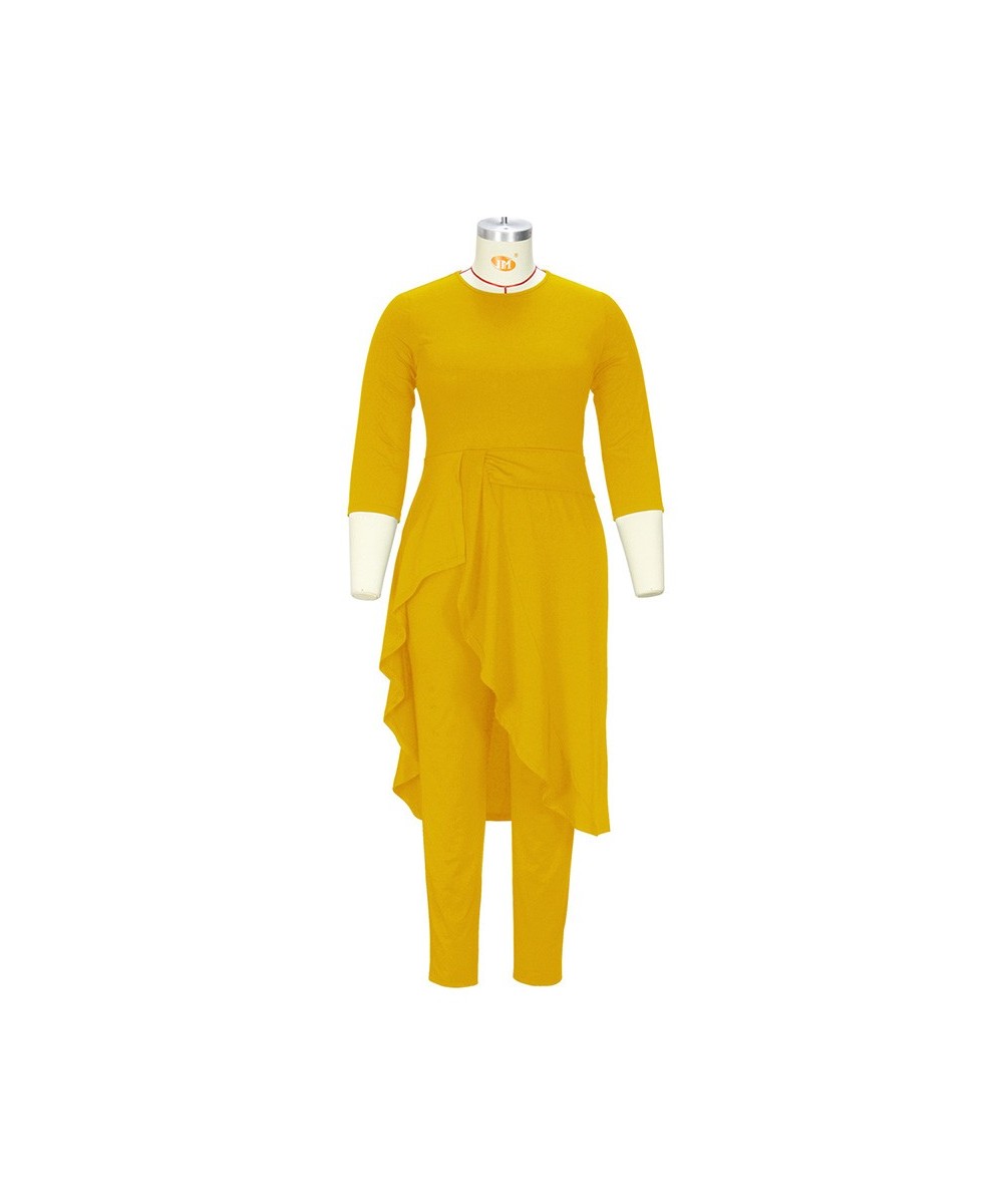 Simplicity Yellow Women Plus Size Dress Pants Suit Spring Autumn Fashion Round Neck Hem Patchwork Ruffles Irregular Half Slee...