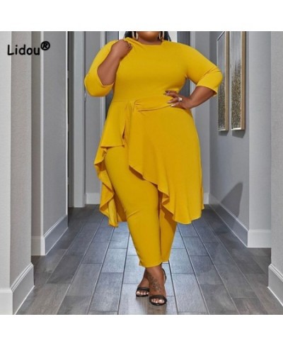 Simplicity Yellow Women Plus Size Dress Pants Suit Spring Autumn Fashion Round Neck Hem Patchwork Ruffles Irregular Half Slee...