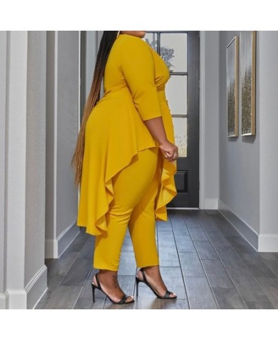 Simplicity Yellow Women Plus Size Dress Pants Suit Spring Autumn Fashion Round Neck Hem Patchwork Ruffles Irregular Half Slee...