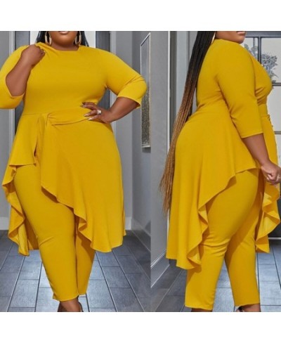 Simplicity Yellow Women Plus Size Dress Pants Suit Spring Autumn Fashion Round Neck Hem Patchwork Ruffles Irregular Half Slee...