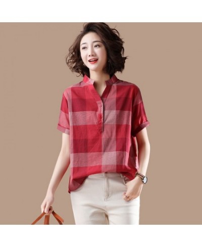 2023 Summer New Style Women V-neck Short Sleeve Casual Shirts Cotton Linen Plaid Loose Blouses Femme Tops 243 $45.30 - Blouse...