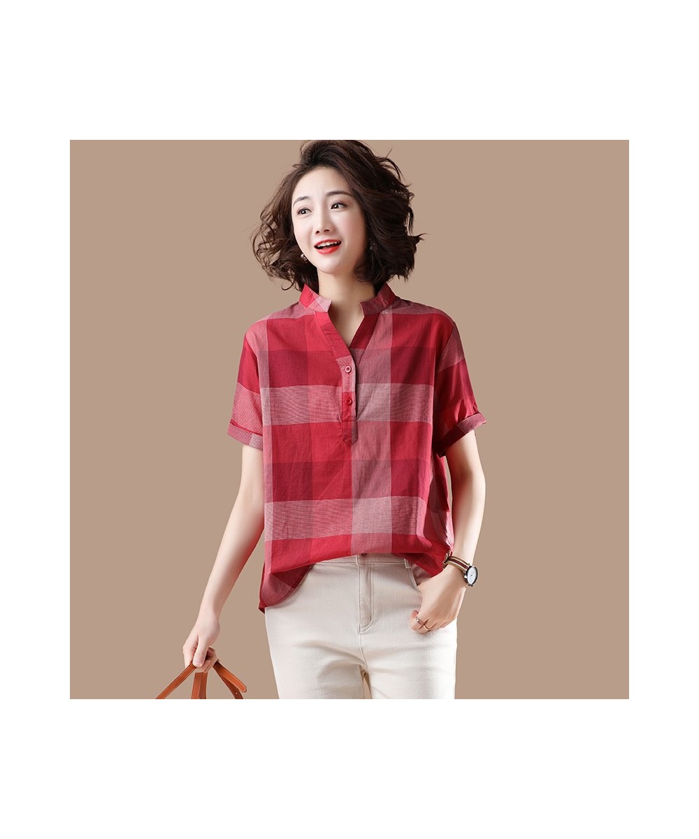 2023 Summer New Style Women V-neck Short Sleeve Casual Shirts Cotton Linen Plaid Loose Blouses Femme Tops 243 $45.30 - Blouse...