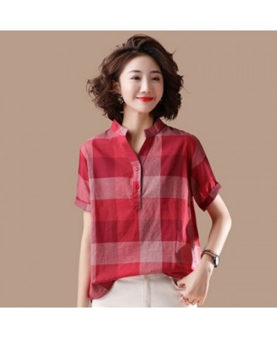 2023 Summer New Style Women V-neck Short Sleeve Casual Shirts Cotton Linen Plaid Loose Blouses Femme Tops 243 $45.30 - Blouse...