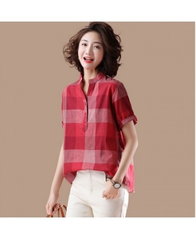 2023 Summer New Style Women V-neck Short Sleeve Casual Shirts Cotton Linen Plaid Loose Blouses Femme Tops 243 $45.30 - Blouse...