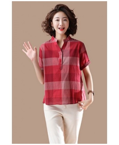 2023 Summer New Style Women V-neck Short Sleeve Casual Shirts Cotton Linen Plaid Loose Blouses Femme Tops 243 $45.30 - Blouse...