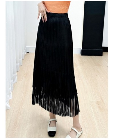 Miyake Tassel Pleated Skirts For Women Solid Color High Waist With Elastic Midi Skirt Casual Fashion 2023 New Summer $62.74 -...