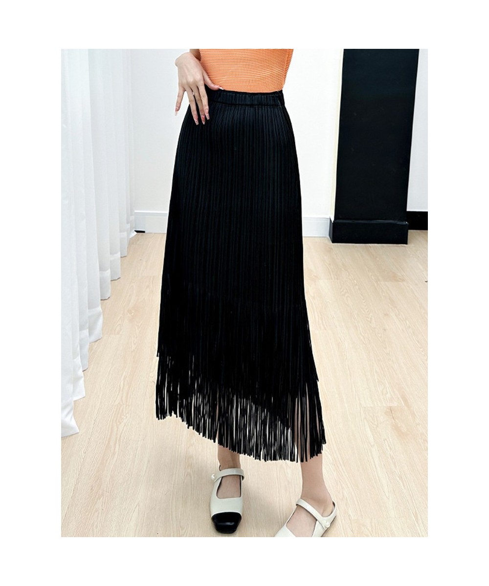 Miyake Tassel Pleated Skirts For Women Solid Color High Waist With Elastic Midi Skirt Casual Fashion 2023 New Summer $62.74 -...