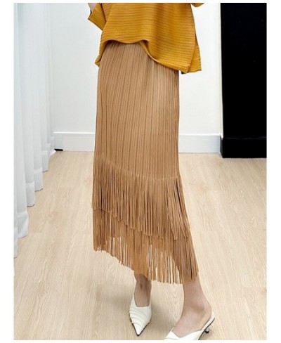 Miyake Tassel Pleated Skirts For Women Solid Color High Waist With Elastic Midi Skirt Casual Fashion 2023 New Summer $62.74 -...