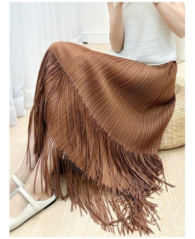 Miyake Tassel Pleated Skirts For Women Solid Color High Waist With Elastic Midi Skirt Casual Fashion 2023 New Summer $62.74 -...