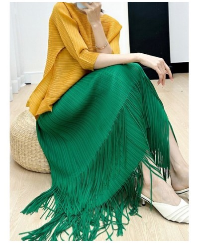 Miyake Tassel Pleated Skirts For Women Solid Color High Waist With Elastic Midi Skirt Casual Fashion 2023 New Summer $62.74 -...