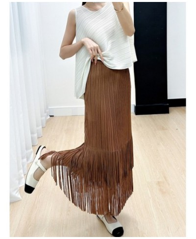 Miyake Tassel Pleated Skirts For Women Solid Color High Waist With Elastic Midi Skirt Casual Fashion 2023 New Summer $62.74 -...