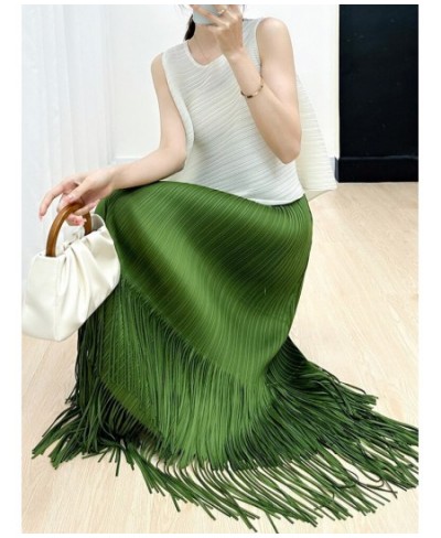 Miyake Tassel Pleated Skirts For Women Solid Color High Waist With Elastic Midi Skirt Casual Fashion 2023 New Summer $62.74 -...