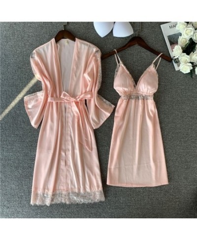 Lace Hollow Out Robe Set Pink Satin Sleep Set Women V-neck 2PCS Sleepwear Summer Silky Bathrobe Gown Casual Nighty&Robe Set $...