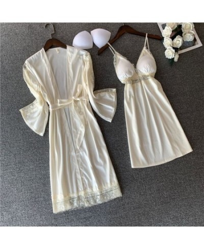 Lace Hollow Out Robe Set Pink Satin Sleep Set Women V-neck 2PCS Sleepwear Summer Silky Bathrobe Gown Casual Nighty&Robe Set $...