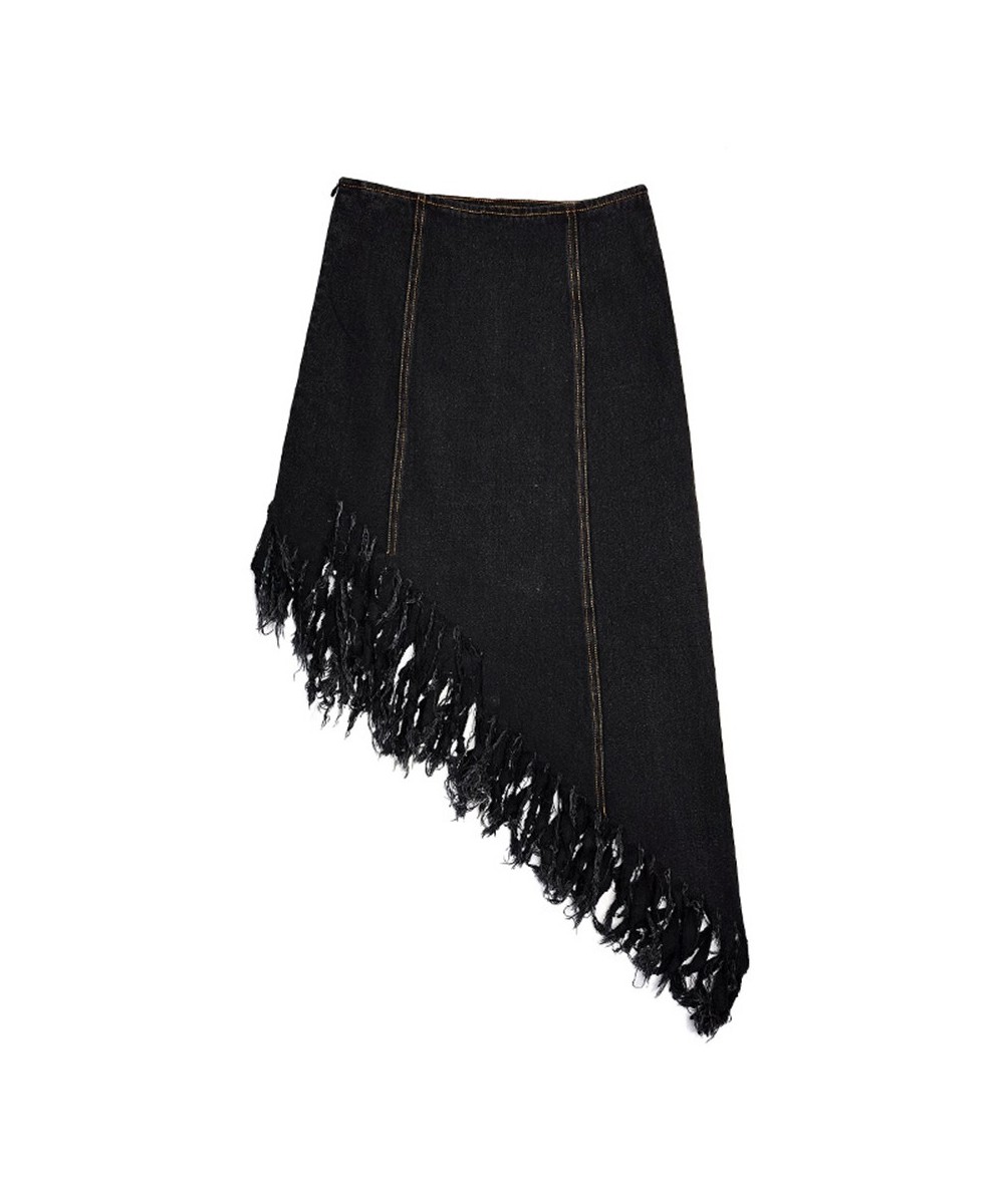 Asymmetrical Patchwork Tassel Skirt For Women High Waist Irregular Hem Black Skirts Female Spring Fashion New Clothing $51.95...