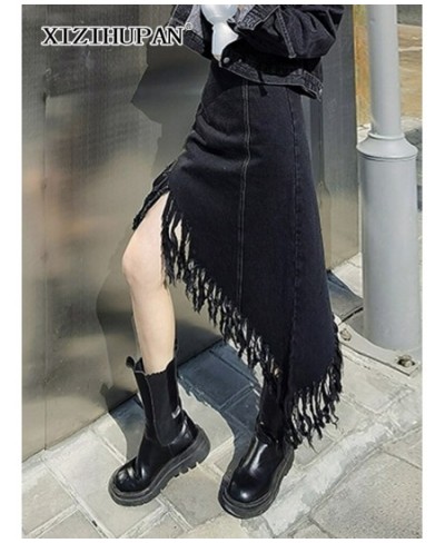 Asymmetrical Patchwork Tassel Skirt For Women High Waist Irregular Hem Black Skirts Female Spring Fashion New Clothing $51.95...