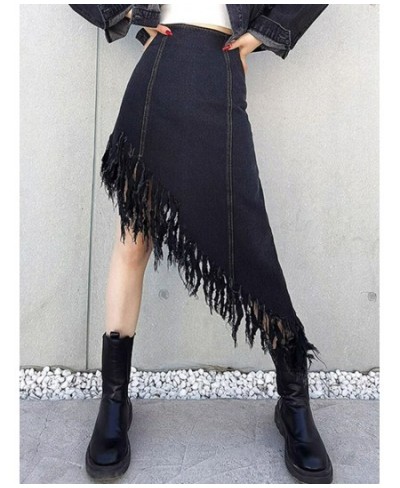 Asymmetrical Patchwork Tassel Skirt For Women High Waist Irregular Hem Black Skirts Female Spring Fashion New Clothing $51.95...