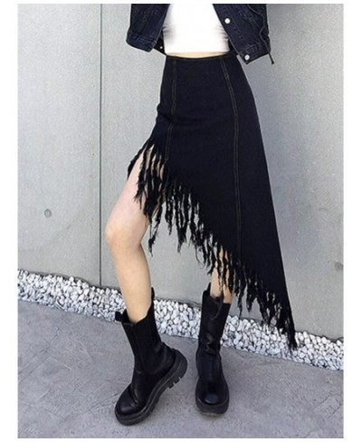 Asymmetrical Patchwork Tassel Skirt For Women High Waist Irregular Hem Black Skirts Female Spring Fashion New Clothing $51.95...