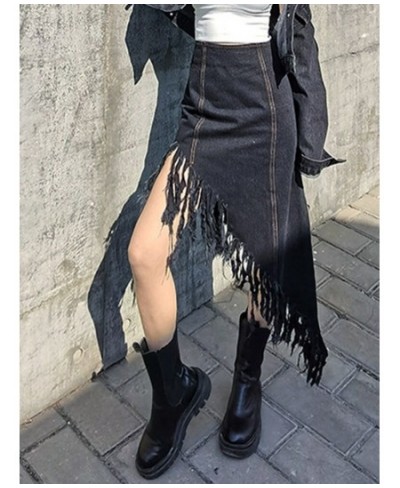 Asymmetrical Patchwork Tassel Skirt For Women High Waist Irregular Hem Black Skirts Female Spring Fashion New Clothing $51.95...